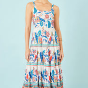 Yumi Blue Boho Block Print Tiered Maxi Dress