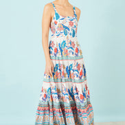 Yumi Blue Boho Block Print Tiered Maxi Dress