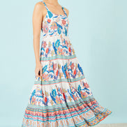 Yumi Blue Boho Block Print Tiered Maxi Dress