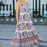 Yumi Blue Boho Block Print Tiered Maxi Dress