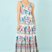 Yumi Blue Boho Block Print Tiered Maxi Dress