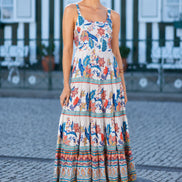 Yumi Blue Boho Block Print Tiered Maxi Dress