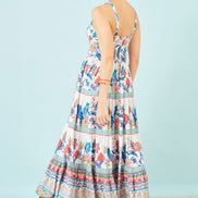 Yumi Blue Boho Block Print Tiered Maxi Dress