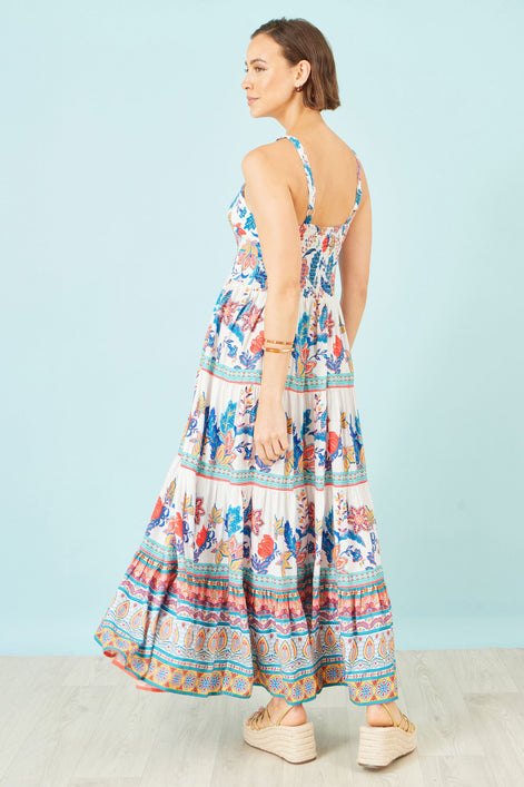 Yumi Blue Boho Block Print Tiered Maxi Dress
