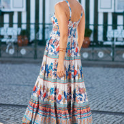 Yumi Blue Boho Block Print Tiered Maxi Dress