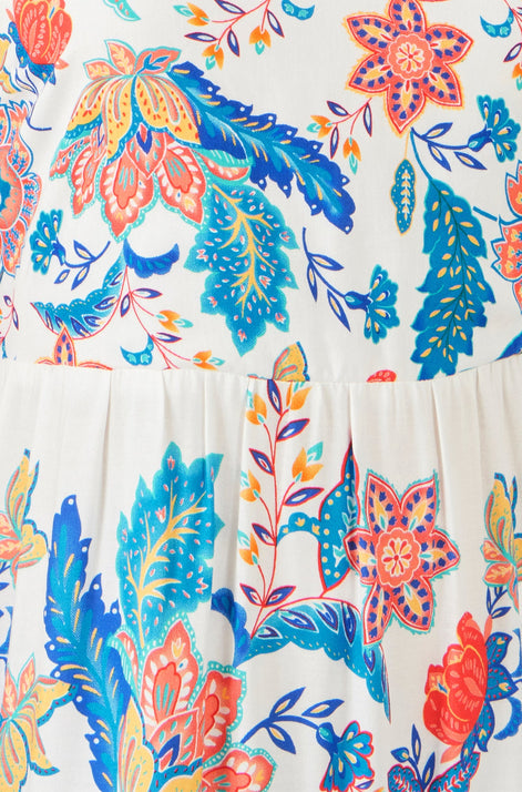 Yumi Blue Boho Block Print Tiered Maxi Dress