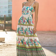 Yumi White Floral Block Print Tiered Maxi Sun Dress