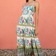 Yumi White Floral Block Print Tiered Maxi Sun Dress