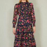 Yumi Navy Blossom Print Maxi Dress with Long Sleeves and Lace Trims