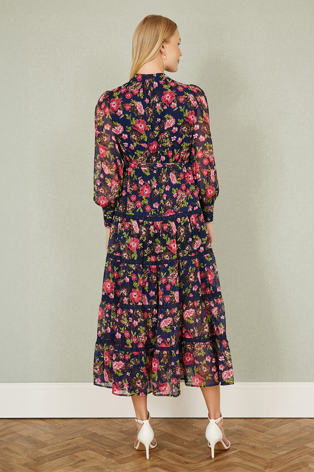 Yumi Navy Blossom Print Maxi Dress with Long Sleeves and Lace Trims