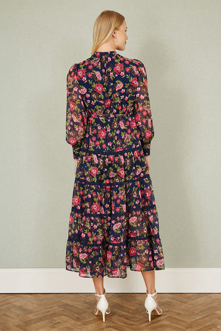 Yumi Navy Blossom Print Maxi Dress with Long Sleeves and Lace Trims