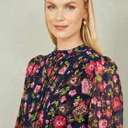 Yumi Navy Blossom Print Maxi Dress with Long Sleeves and Lace Trims