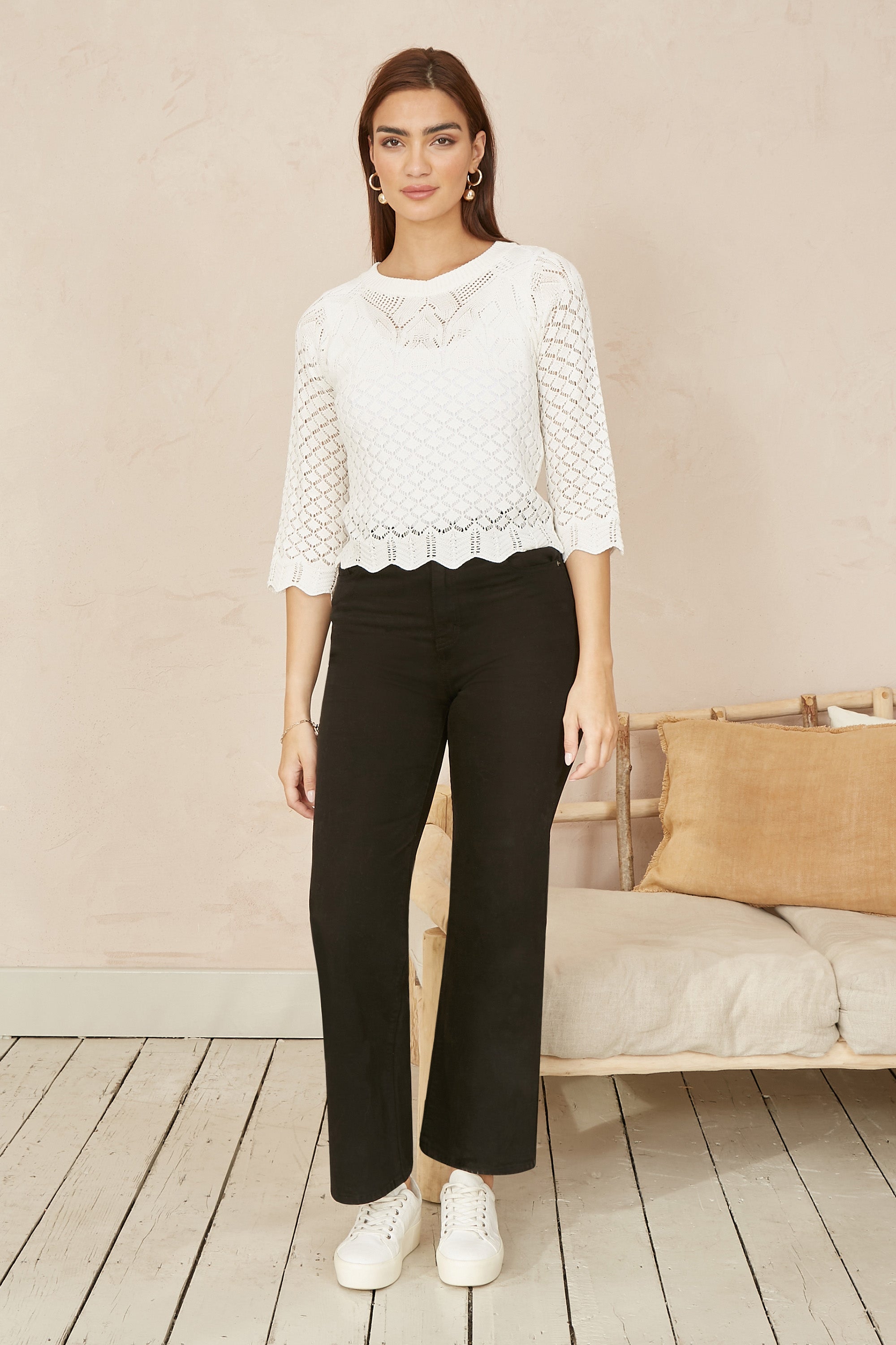 Yumi Ivory Crochet Knitted Top with Scallop Edge