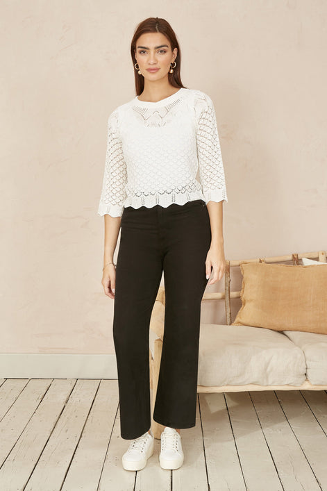 Yumi Ivory Crochet Knitted Top With Scallop Edge