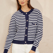 Yumi Navy Stripe Knit Relaxed Fit Cardigan