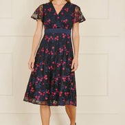 Yumi Navy Embroidered Floral Mesh Wrap Midi Skater Dress
