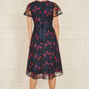 Yumi Navy Embroidered Floral Mesh Wrap Midi Skater Dress