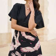 Yumi Black Recycled Fabric Crane Print Kimono Midi Dress