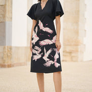 Yumi Black Recycled Fabric Crane Print Kimono Midi Dress