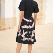 Yumi Black Recycled Fabric Crane Print Kimono Midi Dress