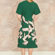 Yumi Green Recycled Fabric Crane Print Kimono Midi Dress