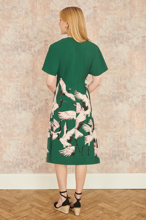 Yumi Green Recycled Fabric Crane Print Kimono Midi Dress