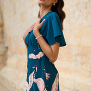 Yumi Teal Recycled Fabric Crane Print Kimono Midi Dress