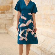Yumi Teal Recycled Fabric Crane Print Kimono Midi Dress