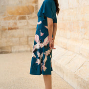Yumi Teal Recycled Fabric Crane Print Kimono Midi Dress
