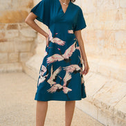 Yumi Teal Recycled Fabric Crane Print Kimono Midi Dress