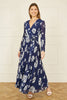 Yumi Navy Floral Pleated Midi Wrap Long Sleeve Dress