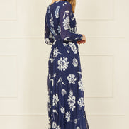 Yumi Navy Floral Pleated Midi Wrap Long Sleeve Dress