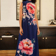 Yumi Navy Flower Halter Neck Maxi Dress