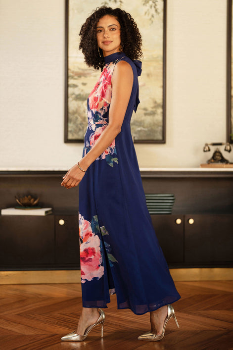 Yumi Navy Flower Halter Neck Maxi Dress