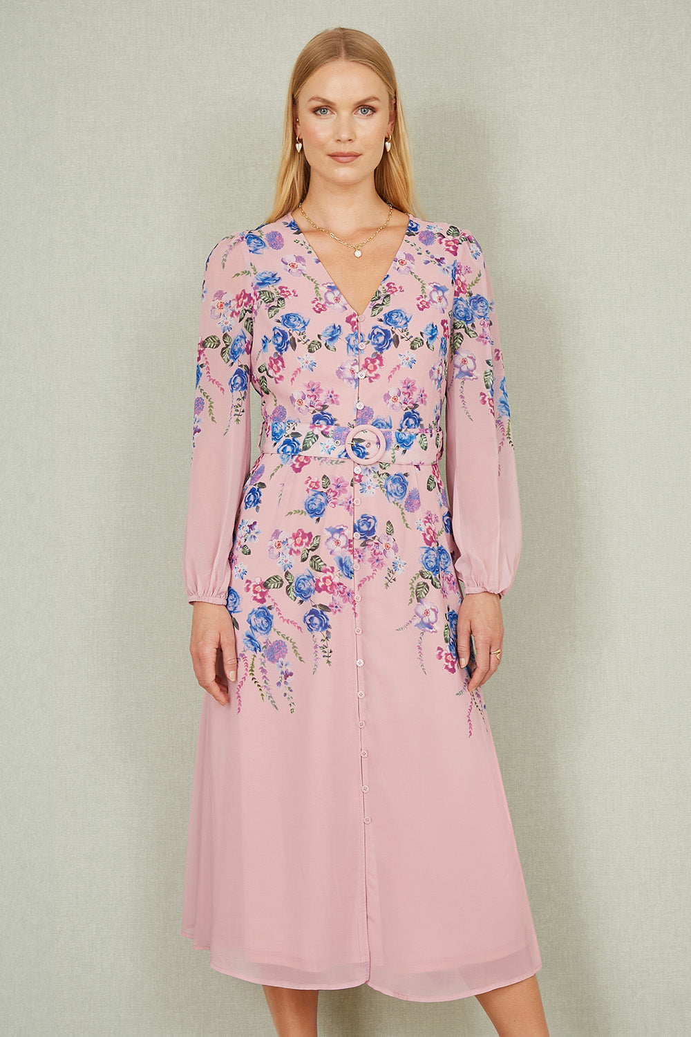 Yumi Pink Floral Placement Button Down Midi Dress with Long Sleeves