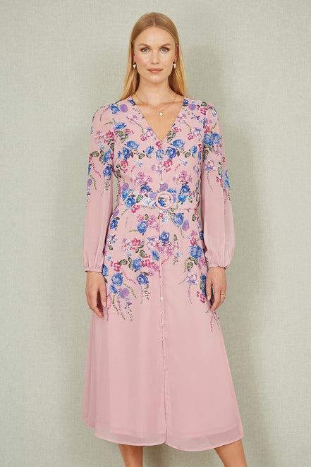 Yumi Pink Floral Placement Button Down Midi Dress with Long Sleeves