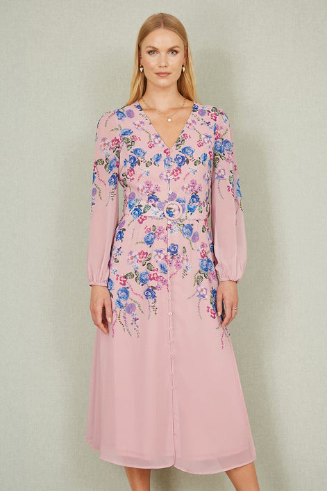 Yumi Pink Floral Placement Button Down Midi Dress With Long Sleeves