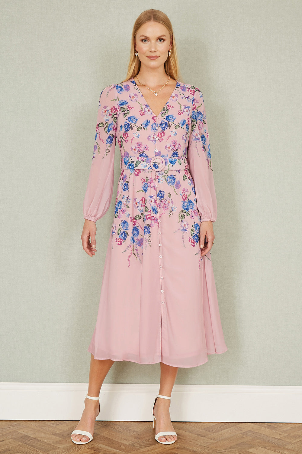 Yumi Pink Floral Placement Button Down Midi Dress with Long Sleeves