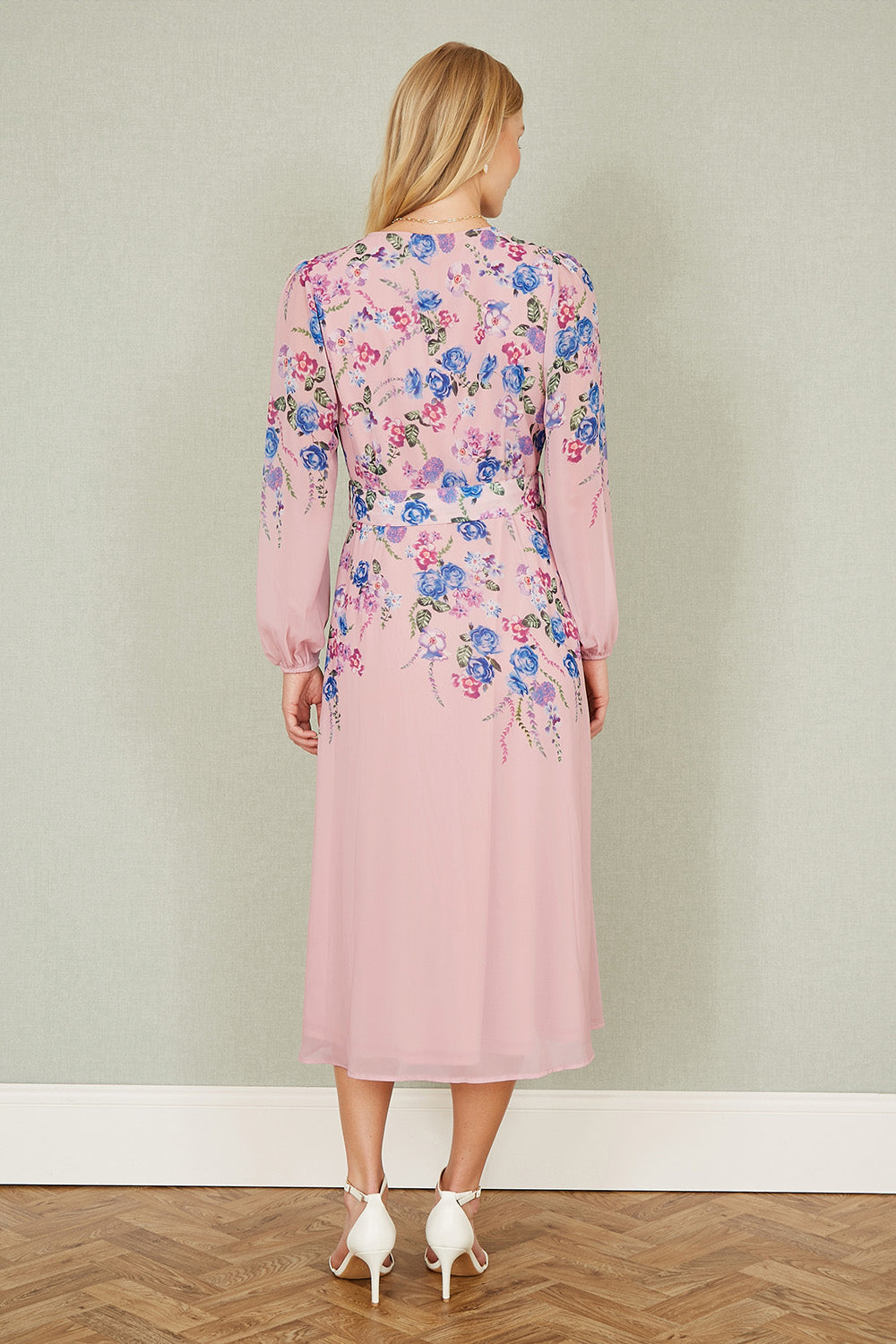 Yumi Pink Floral Placement Button Down Midi Dress with Long Sleeves