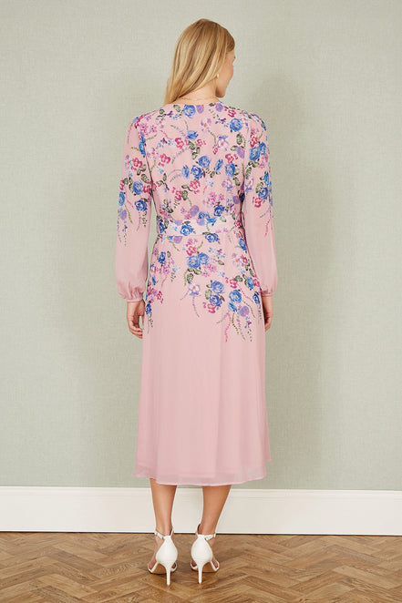 Yumi Pink Floral Placement Button Down Midi Dress with Long Sleeves