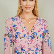 Yumi Pink Floral Placement Button Down Midi Dress with Long Sleeves