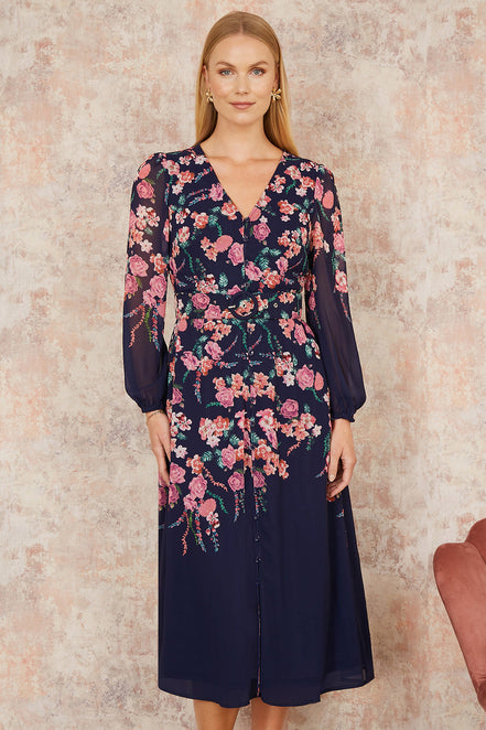 Yumi Navy Button Up Midi Dress with Floral Placement and Long Sleeves
