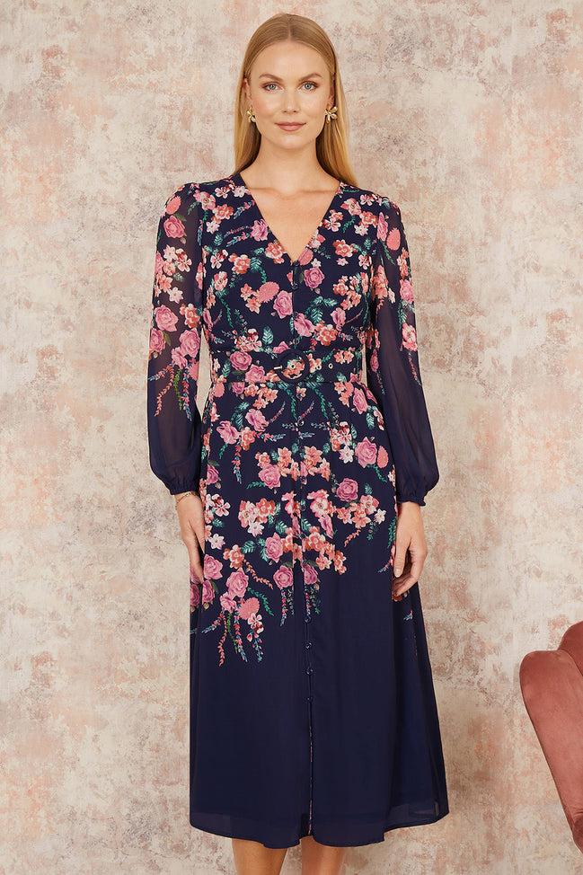 Yumi Navy Button Up Midi Dress with Floral Placement and Long Sleeves