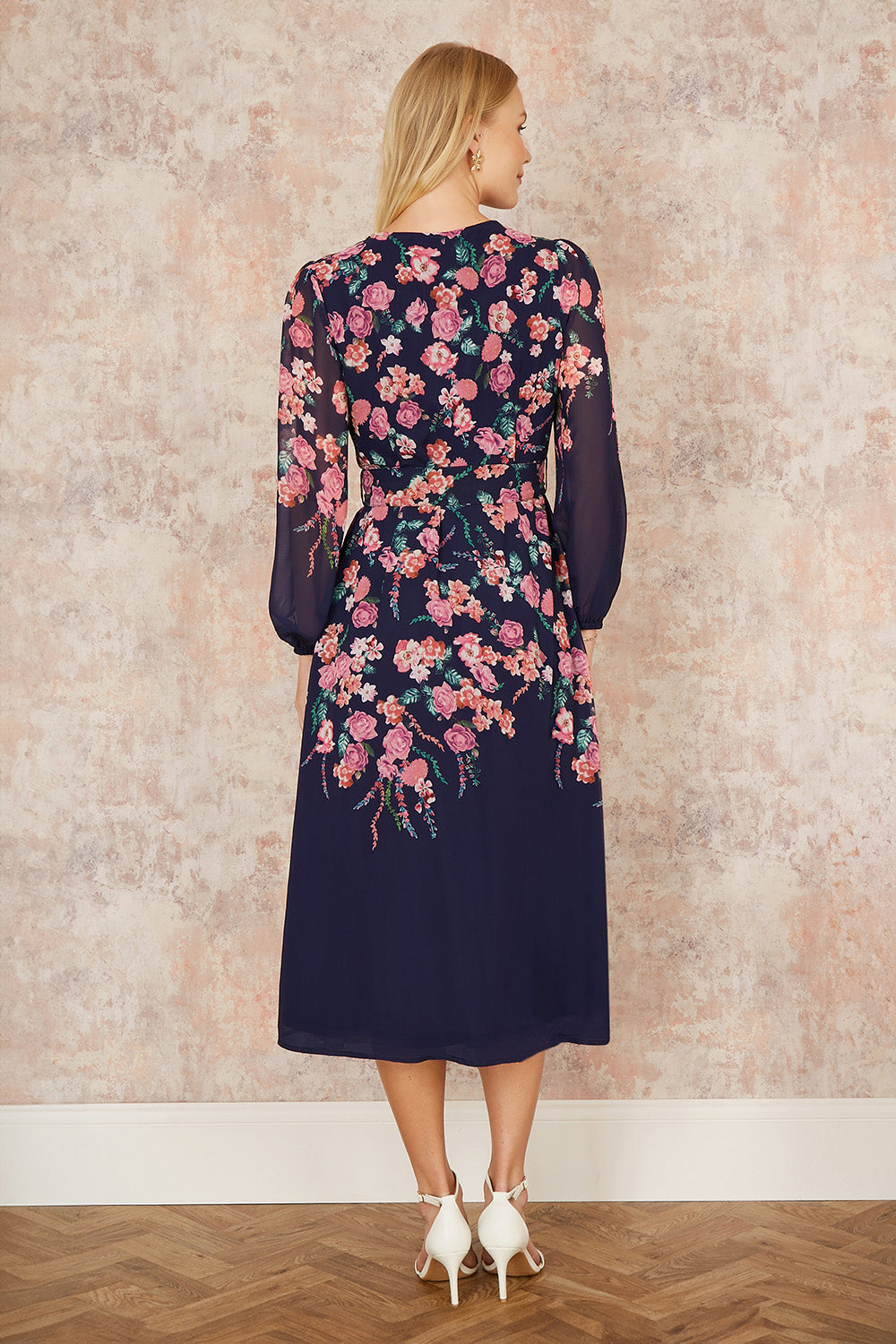 Yumi Navy Button Up Midi Dress with Floral Placement and Long Sleeves