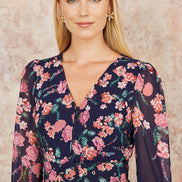 Yumi Navy Button Up Midi Dress with Floral Placement and Long Sleeves