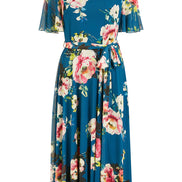 Yumi Green Mesh Floral Midi Dress with Angel Sleeves