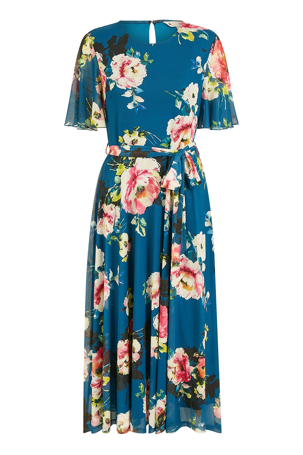 Yumi Green Mesh Floral Midi Dress with Angel Sleeves