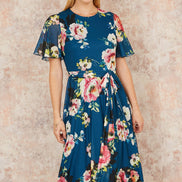 Yumi Green Mesh Floral Midi Dress with Angel Sleeves