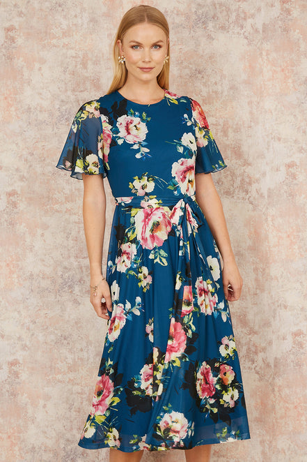Yumi Green Mesh Floral Midi Dress with Angel Sleeves