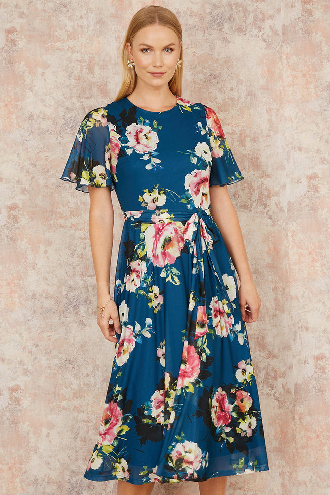 Yumi Green Mesh Floral Midi Dress with Angel Sleeves